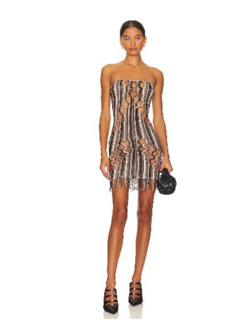 POSTER GIRL Strapless Cutout Fringe Mini Dress - Brown/Black/Cream